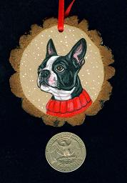 Collectables; Boston Terrier Wood Slice Ornament; Handpainted Wood Slice; Stef