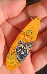 Collectables; Hand Painted Wooden Pendant - Pumpkin Raccoon; Wooden Pendant; Stef
