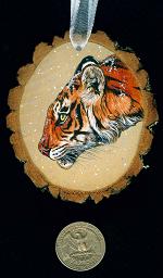 Collectables; Tiger Wood Slice Ornament; Handpainted Wood Slice; Stef